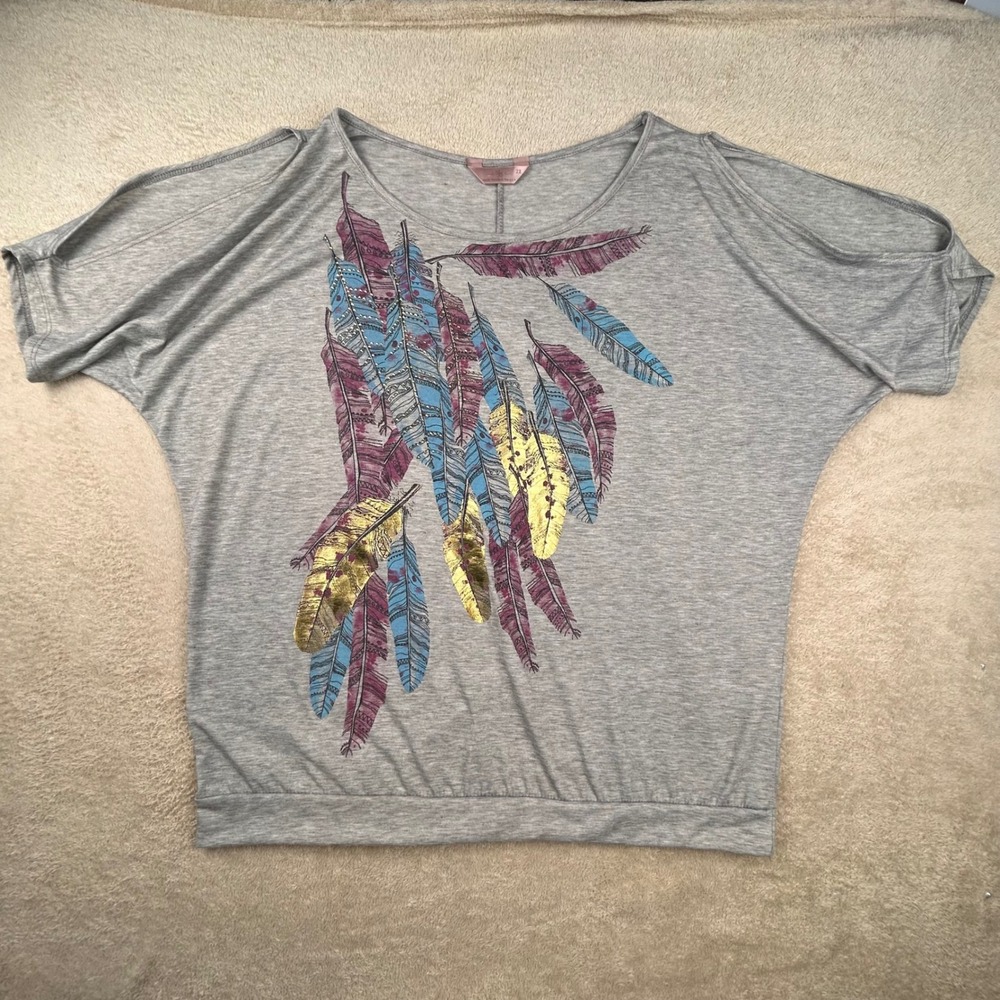 SJS Gray Feather Graphic Cold Shoulder Top Studded Gold Foil Plus Size 2X USA
